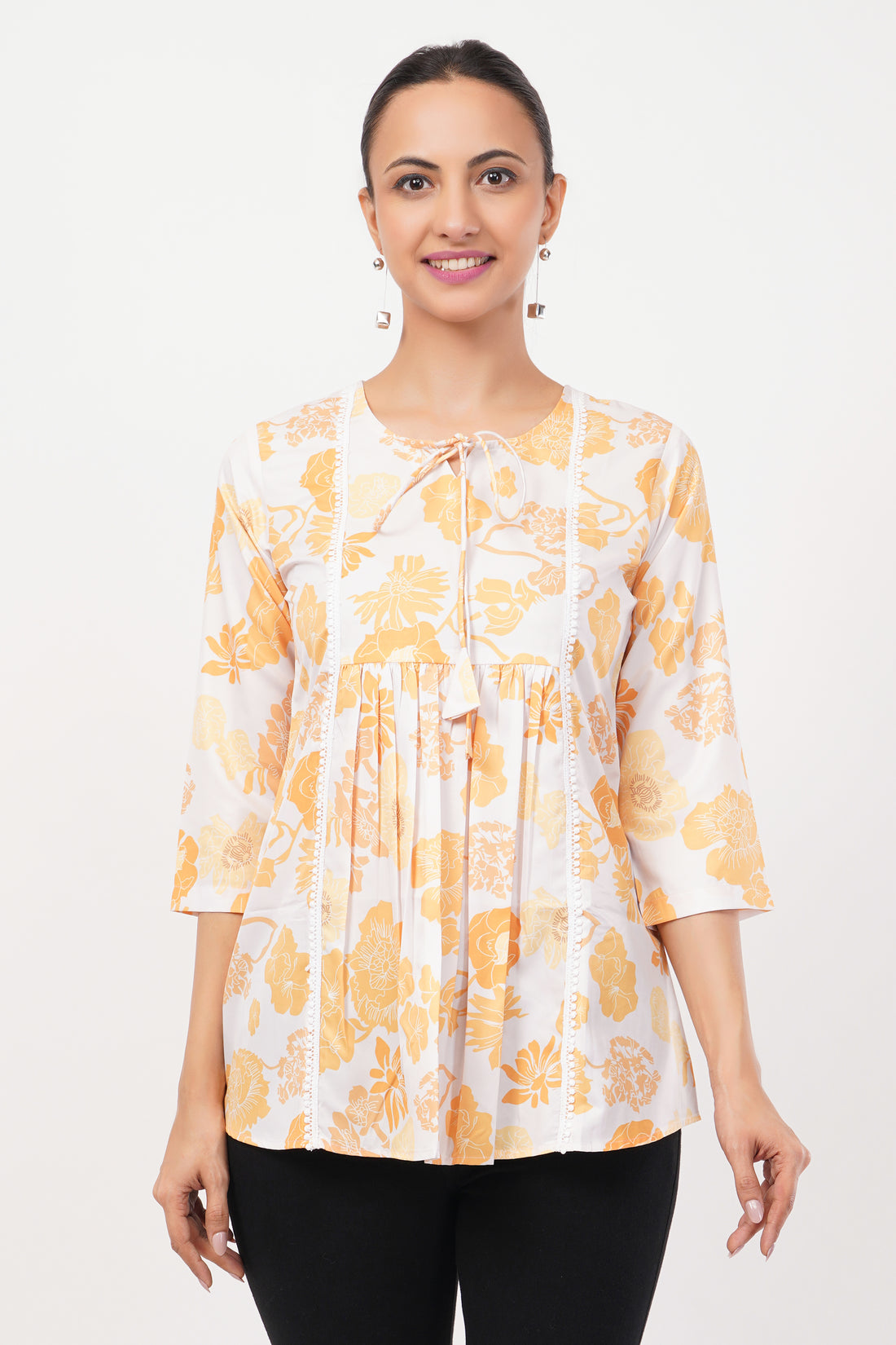 Strawberry Xpress Women's White & Yellow Floral Print Crepe Tunic Top