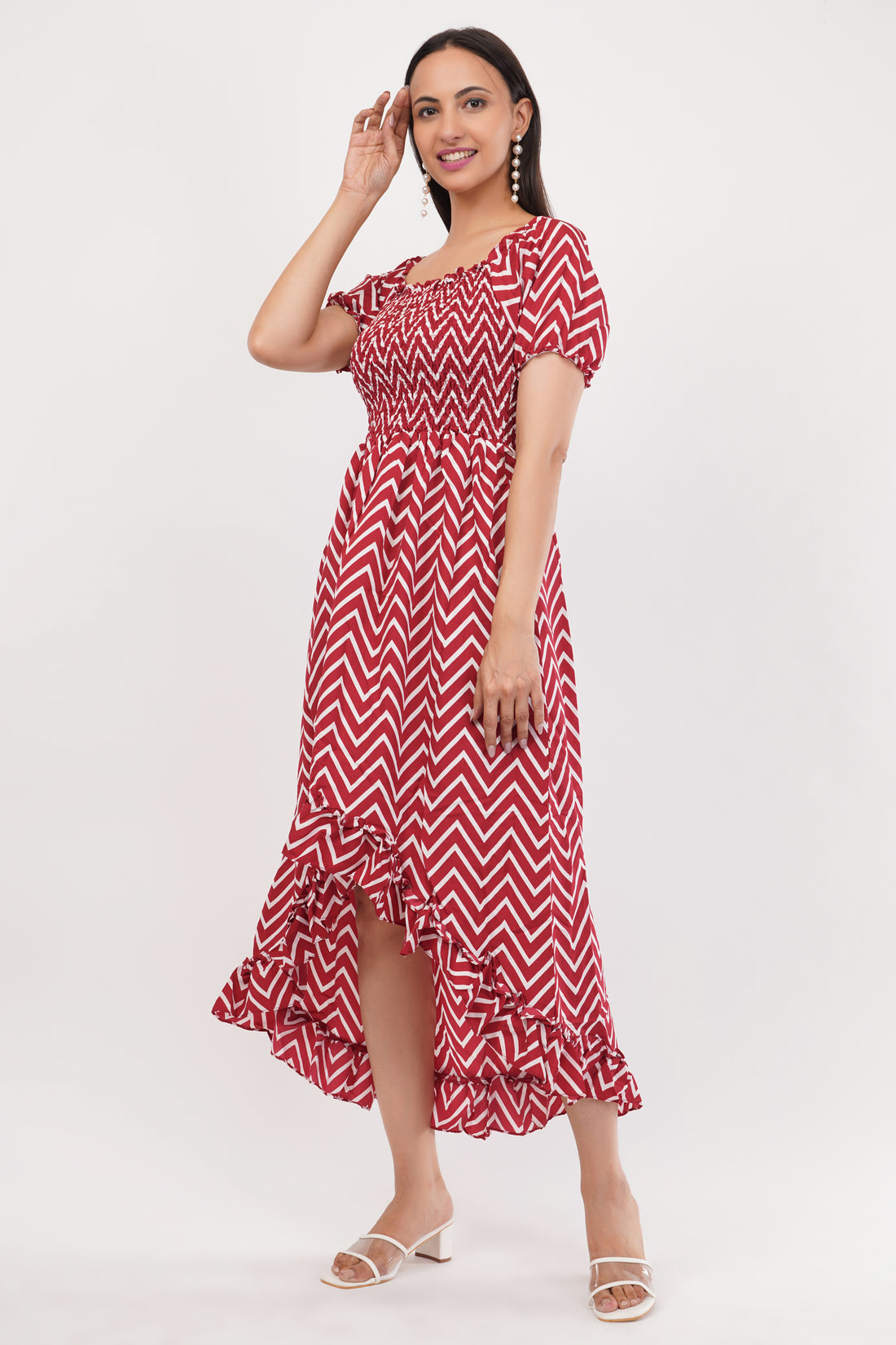 Strawberry Xpress Women's Crepe A-Line Maxi Dress – Ruffled Red & White