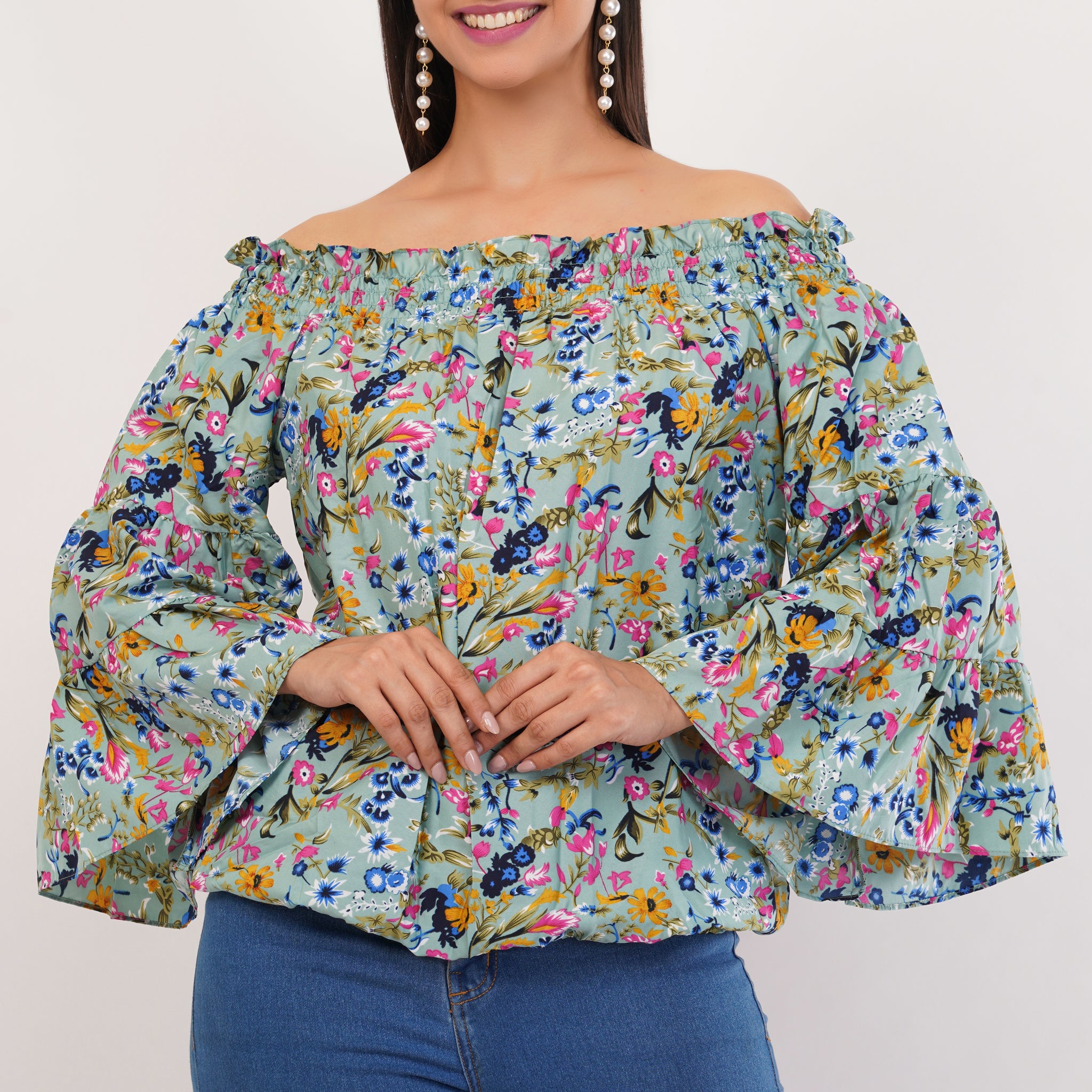 Strawberry Xpress Women's Printed Crepe Off-Shoulder Top