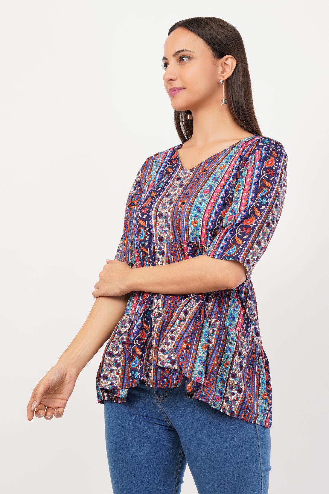 Strawberry Xpress Women’s Multicolor Printed Crepe Tunic Top (Regular Fit, Boat Neck, Half Sleeves)